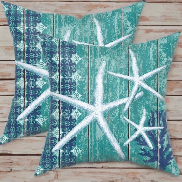 Beach Pillow Covers 2 Soft Cases Set Cottage Decor Coastal Nautical Decoration - Picture 3 of 7